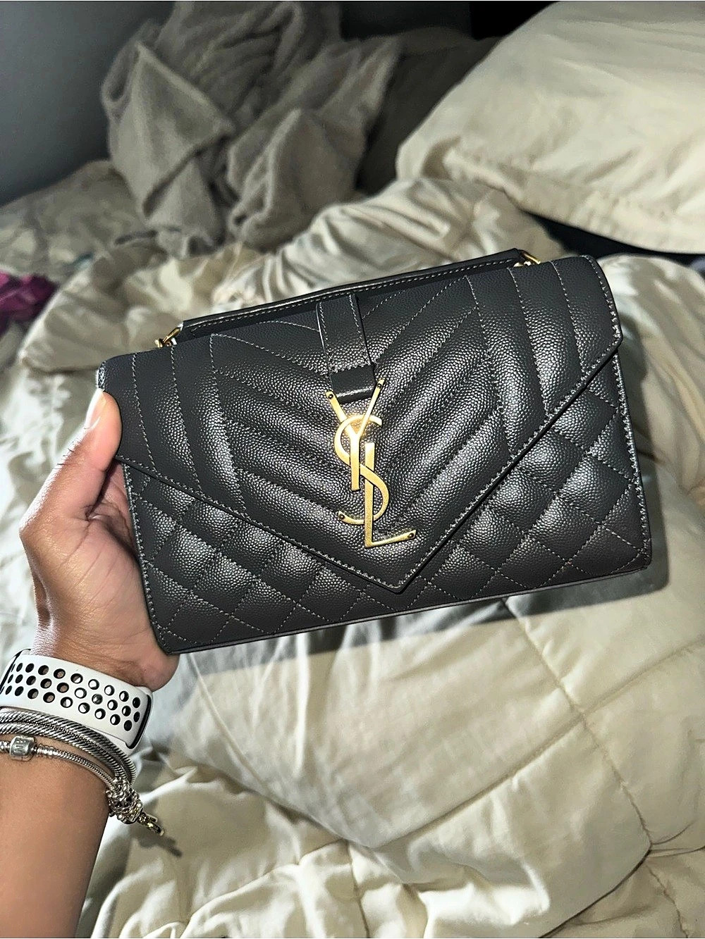 Saint Laurent Envelope Triquilt Small YSL Crossbody Bag Black
